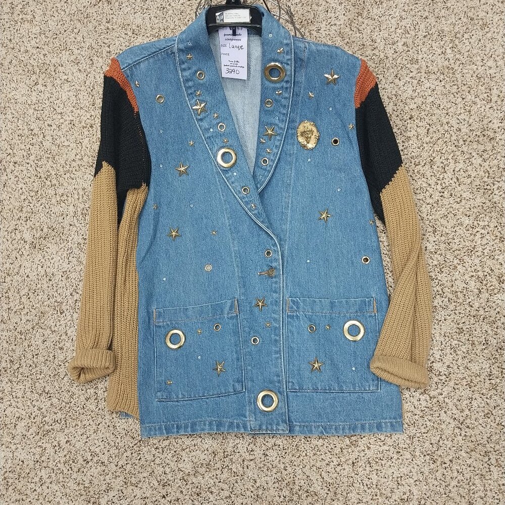 3290 Size Large Upcycled Jean Jacket with Sweater Sleeves. In Black, Rust, Gold.